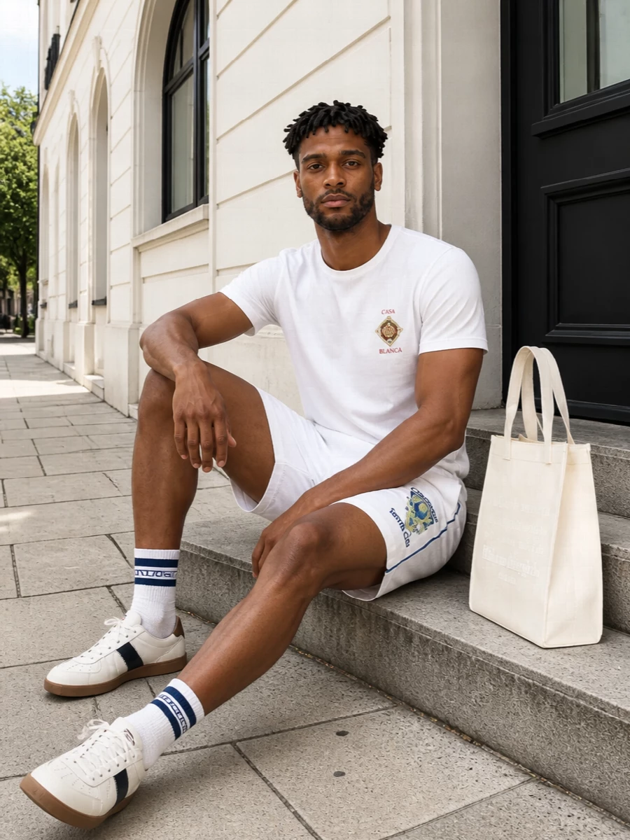 A clean white Casablanca tee sits over crisp Tennis Club shorts for a modern take on country club sport, all in bright, sun-ready tones. Margiela court-inspired sneakers and an off white structured tote keep the story polished and quiet, letting the subtle logos and textures do the talking. Navy striped socks tie the palette together with a discreet, collegiate edge.