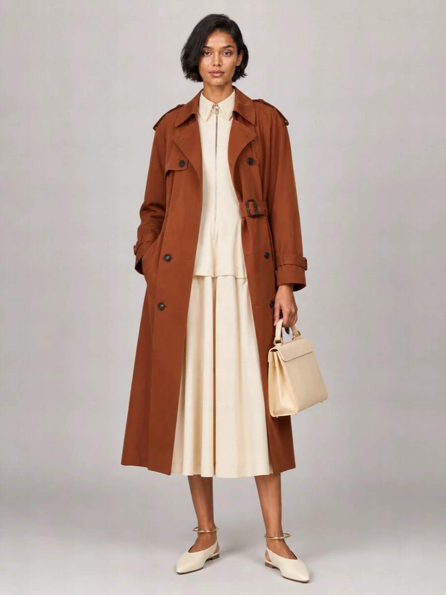 I am styling this as a dress-based ensemble, letting the Bottega Veneta peplum midi partner the Saint Laurent trench for a long, tailored silhouette in soft neutrals and rich sienna. Cream Jil Sander flats and a buttercream Dolce&Gabbana top-handle keep the mood boardroom-ready yet cinematic, playing a light tonal story against the trench’s depth. The result is quiet power dressing for warm days when you want structure, ease and a clearly luxurious hand without a single loud detail.