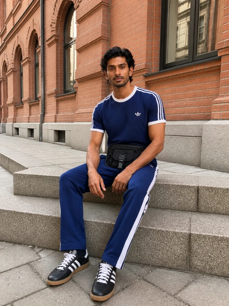Navy Adidas track pants meet a matching navy ringer tee for a tight, terrace-inspired take on street sport. Black and white gum-sole sneakers anchor it in classic stadium energy, while the belt bag keeps it sharp and practical for city movement.
