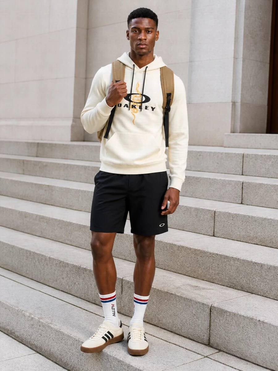 Oakley hoodie black shorts adidas sneakers