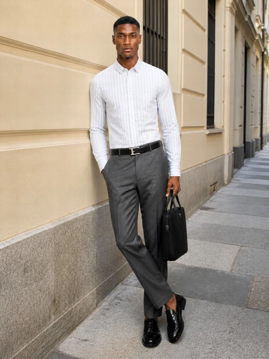 Thom browne charcoal trousers striped shirt outfit
