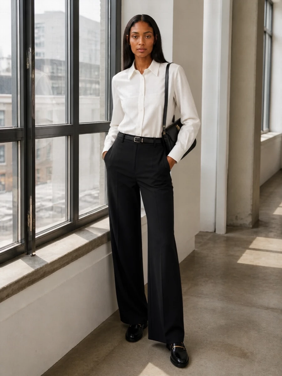 Crisp monochrome tailoring keeps this Totême shirt firmly in the smart city lane, framed by high-rise black wide-leg trousers for a long, assured line. A structured shoulder bag, polished loafers and a slim belt introduce small gold and leather details, enriching the neutrals without breaking the quiet mood. The result is a calm, fully composed outfit that works as well at a client meeting as it does at a late reservation.