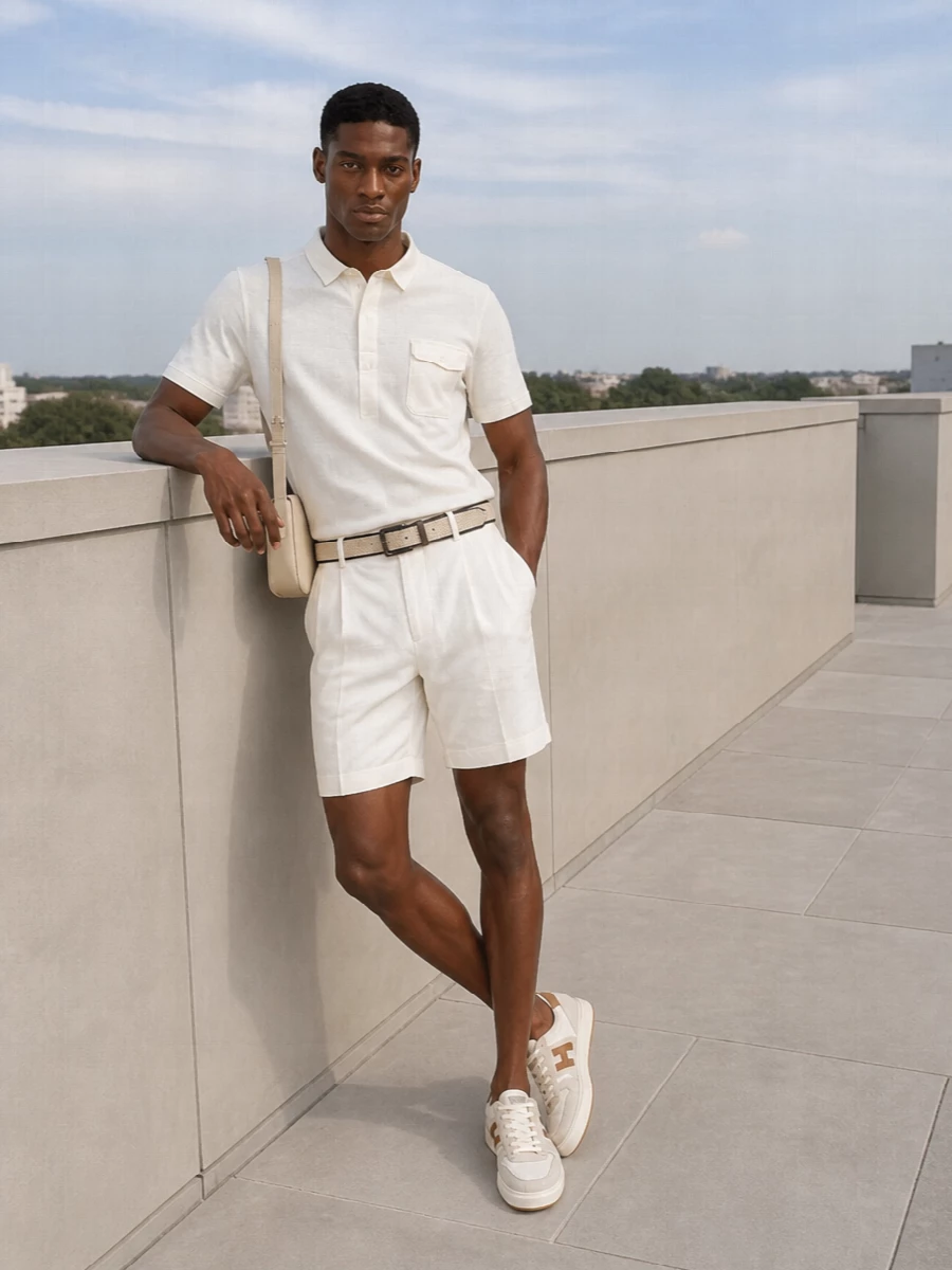 An ivory-on-ivory story built around the Gimaguas polo and Emporio Armani tailored shorts creates a clean, sunlit base that feels relaxed yet considered. Hogan’s softly contrasted sneakers and the woven belt introduce just enough warmth and texture to keep the palette from feeling flat. A slim Jil Sander shoulder bag finishes the edit with quiet precision and city-ready practicality.
