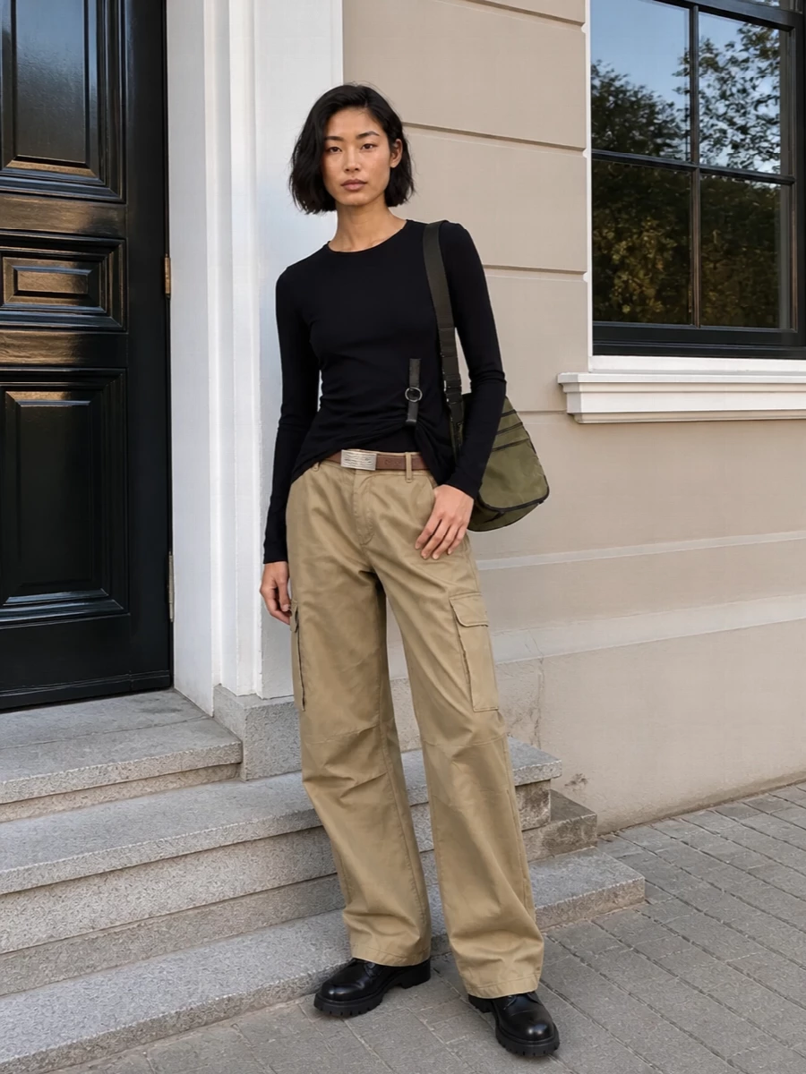 Khaki Coperni cargos meet a sculpted black asymmetric top for a sharp, utilitarian base that still feels deliberately edited. Grounded by polished black combat boots and an olive utility messenger, the palette stays urban and neutral. A slim Margiela belt adds just enough structure at the waist to keep the wide leg feeling precise rather than slouchy.