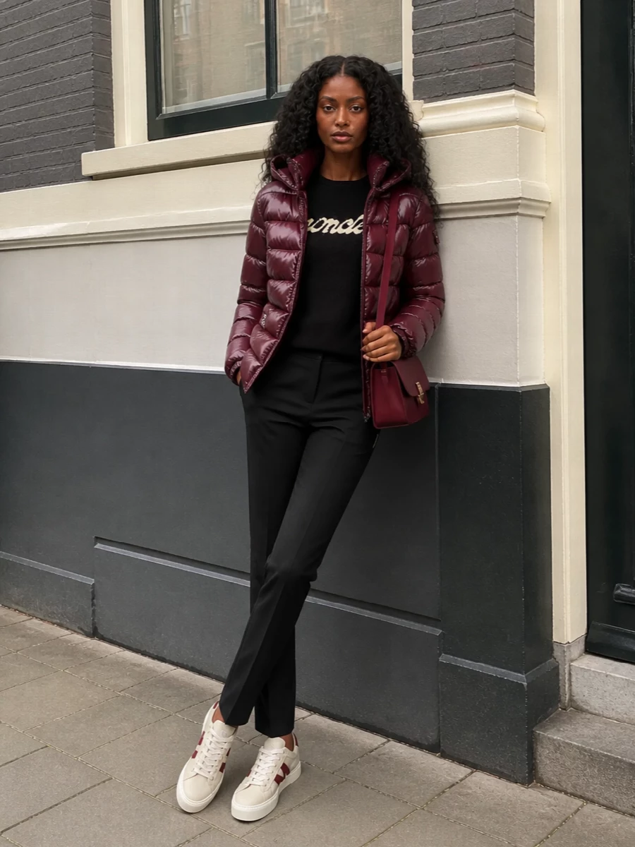 Moncler burgundy puffer black trousers outfit