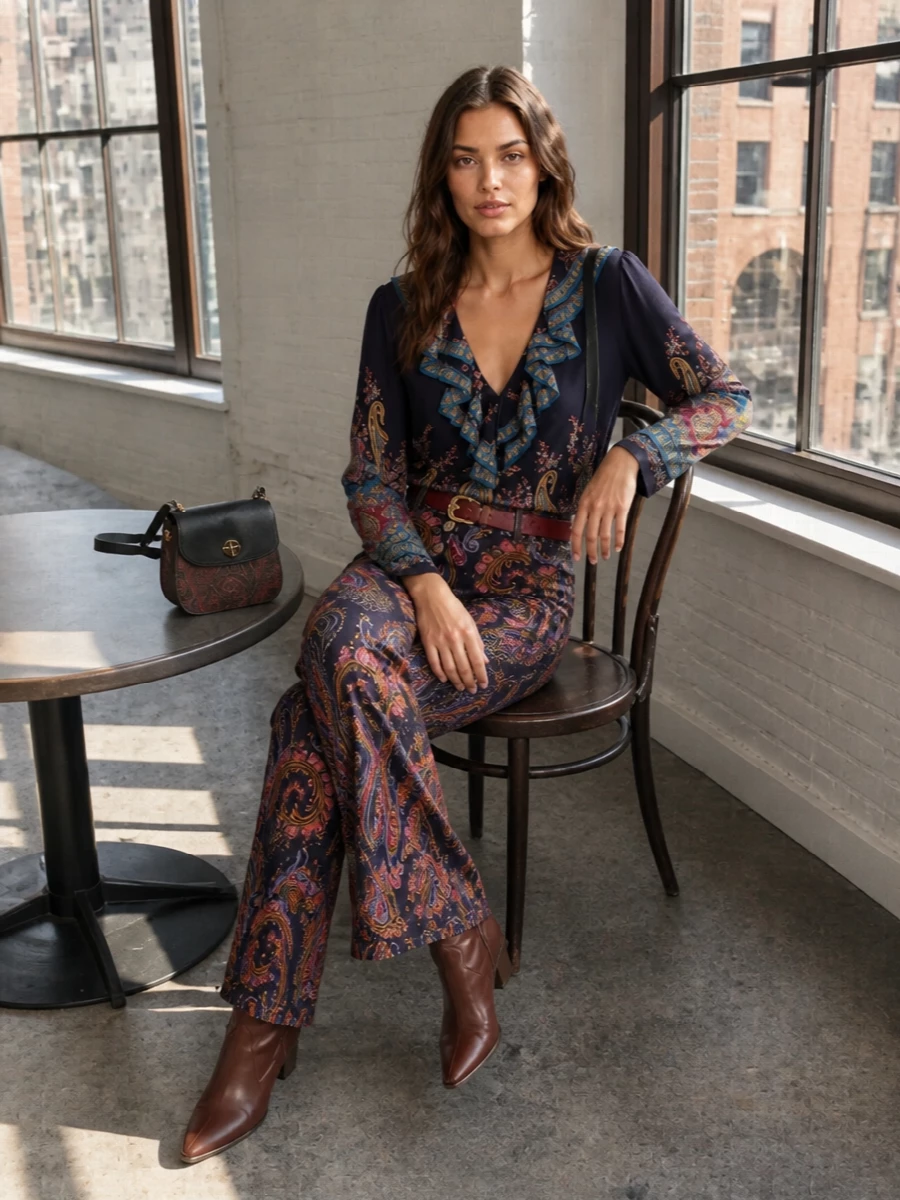 Etro paisley flare trousers silk blouse boots