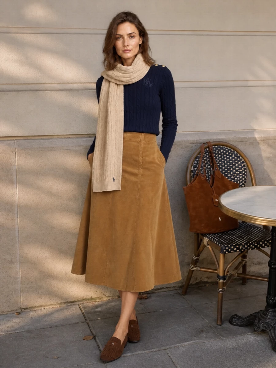 A navy cable knit paired with a camel corduroy A-line midi creates a quietly polished, collegiate combination that feels warm and intentional. Chocolate suede loafers keep the mood soft yet refined, while the cognac suede tote and camel knit scarf pull the browns together for an easy, coordinated winter uniform. The mix of textures stays classic but not fussy, ideal for city days that run from desk to dinner.