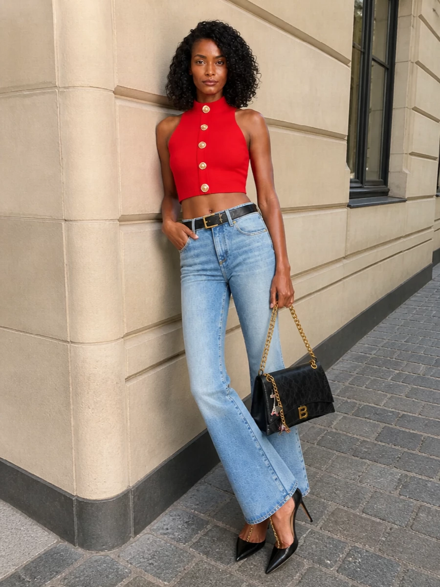 Balmain flared jeans red halter night out outfit