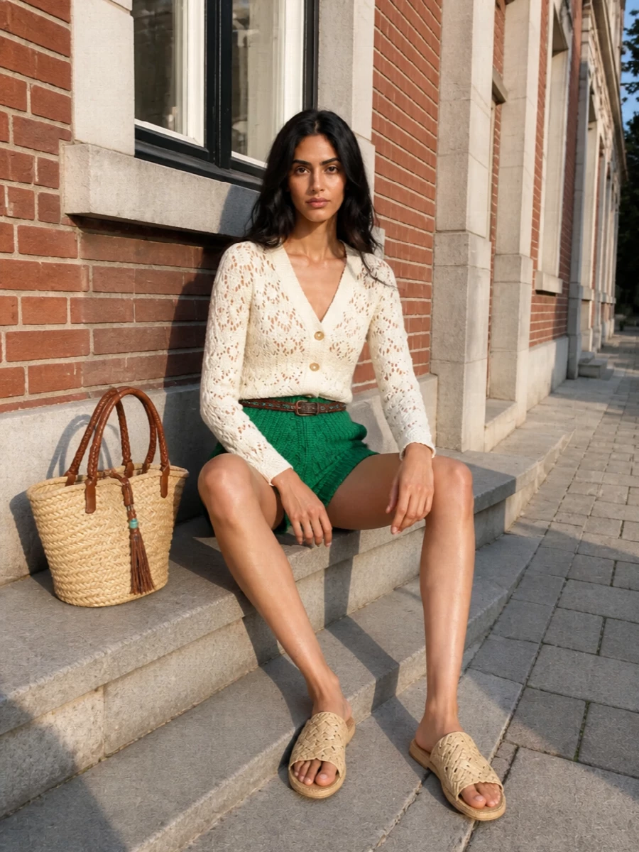 Alanui green knit shorts ivory crochet cardigan