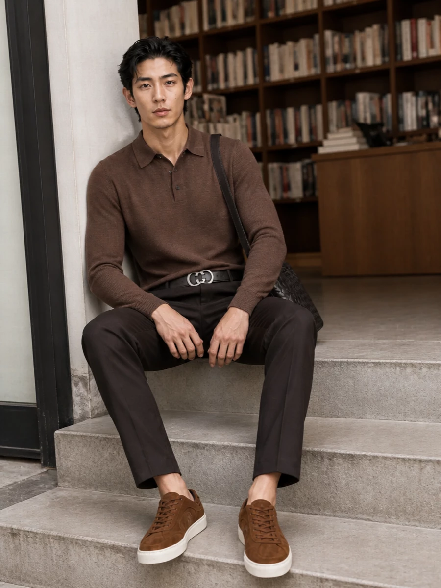 A chestnut knit polo sits over deep espresso tailored trousers for a tone-on-tone brown story that feels modern, intentional and unmistakably luxurious. Chestnut suede sneakers and an intrecciato crossbody keep the look relaxed yet elevated, while a sharp Ferragamo belt adds just enough structure for office-to-dinner versatility in FW.