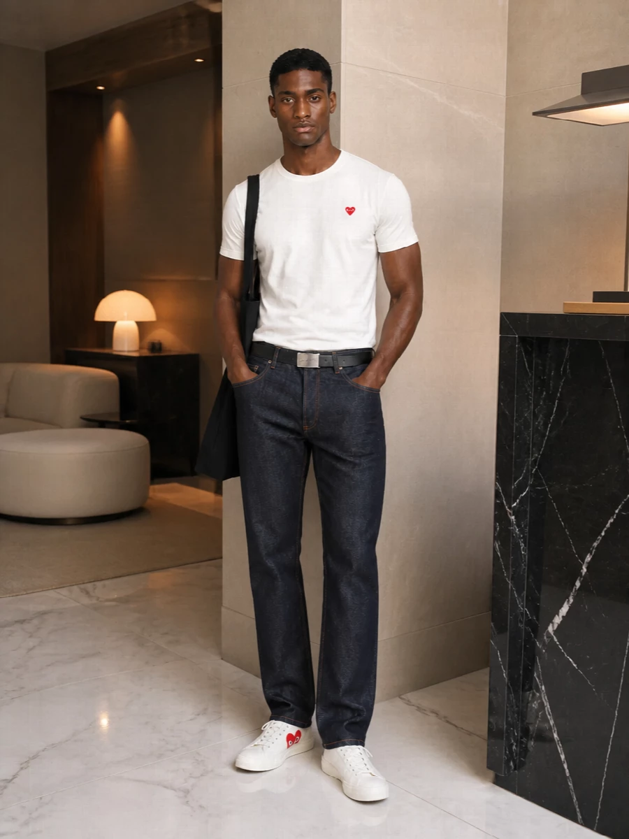 An off-white Play tee sits against crisp raw A.P.C. denim, giving a clean, graphic base that feels relaxed but considered. Matching off-white Play sneakers echo the red heart, while the soft black A.P.C. tote and slim Mm6 belt keep everything grounded and city ready. It is an easy uniform for days when you want subtle personality without losing that pared back French-Japanese cool.