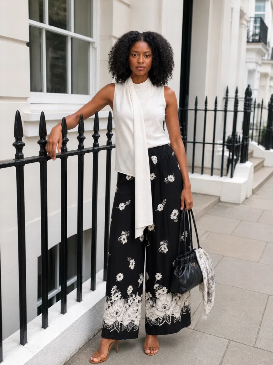 Parosh floral wide leg trousers prada bag outfit