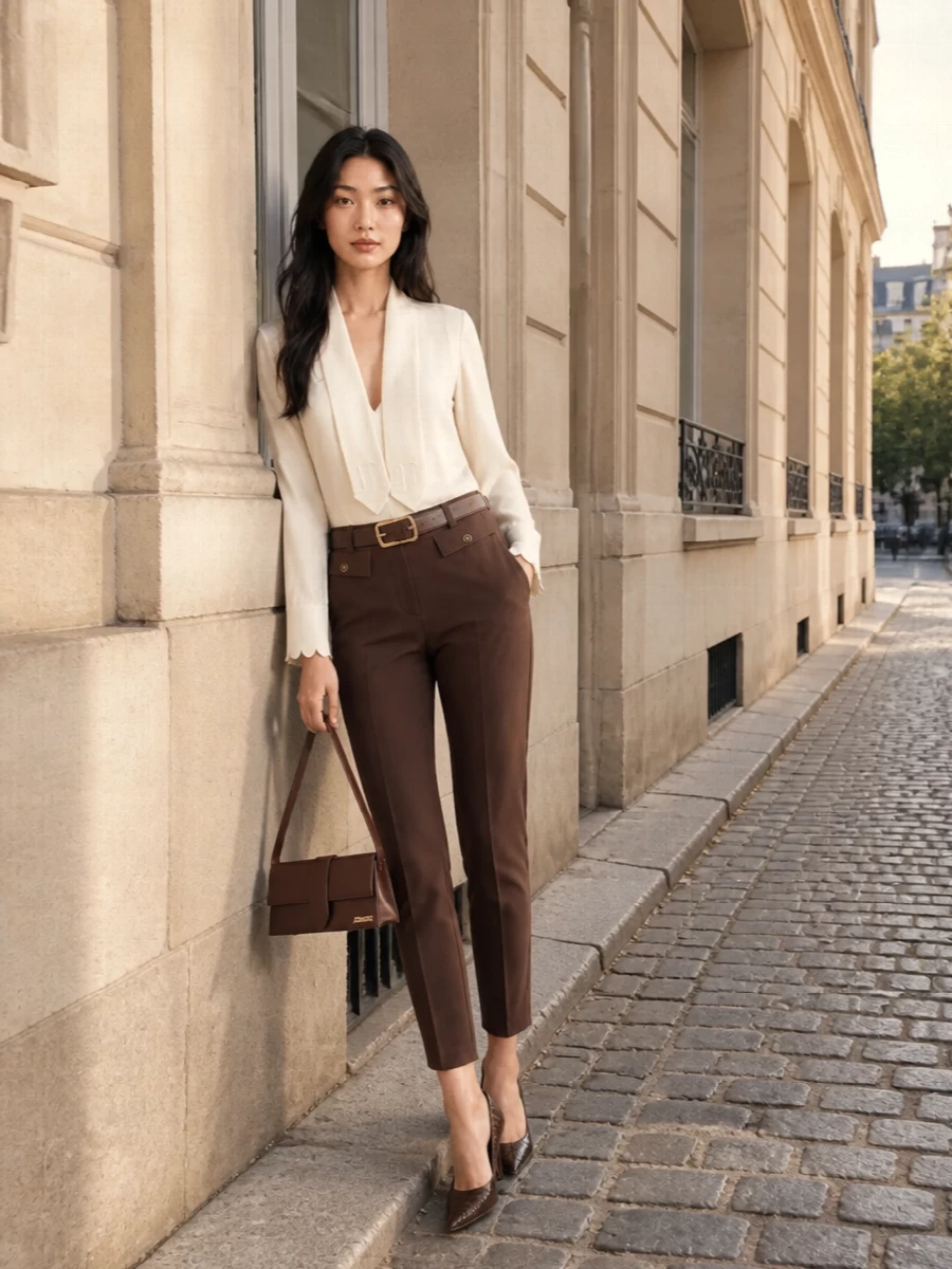 Elisabetta Franchi’s chocolate cigarette trouser is paired with an ivory draped blouse for a quietly polished contrast that feels precise yet soft. A structured chocolate croc pump and slim Jacquemus shoulder bag keep the line elongated and tonal, while the Victoria Beckham belt crisps up the high waist for dinners, meetings or any smart evening in the city. The result is a composed, modern take on brown and ivory tailoring that reads luxurious without trying too hard.