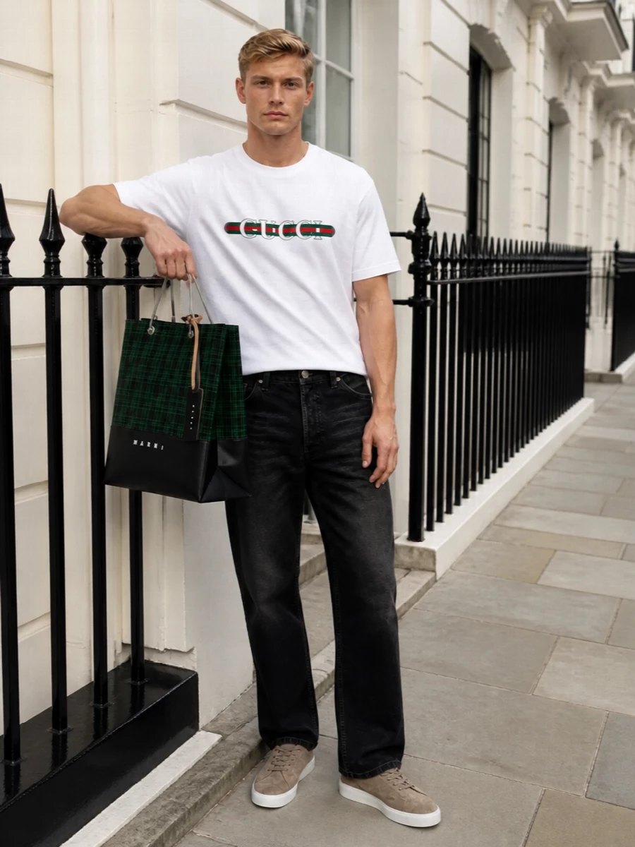 Gucci’s logo tee stays hero against washed-black Fear Of God trousers, keeping the line relaxed and the palette grounded. Taupe suede sneakers introduce a soft neutral that warms the monochrome without fighting the branding, while the oversized Marni tote pulls in the Gucci green and pushes the whole thing toward fashion-street rather than pure sport. It is an easy city uniform with quiet flex in every piece, from coffee runs to casual dinners.