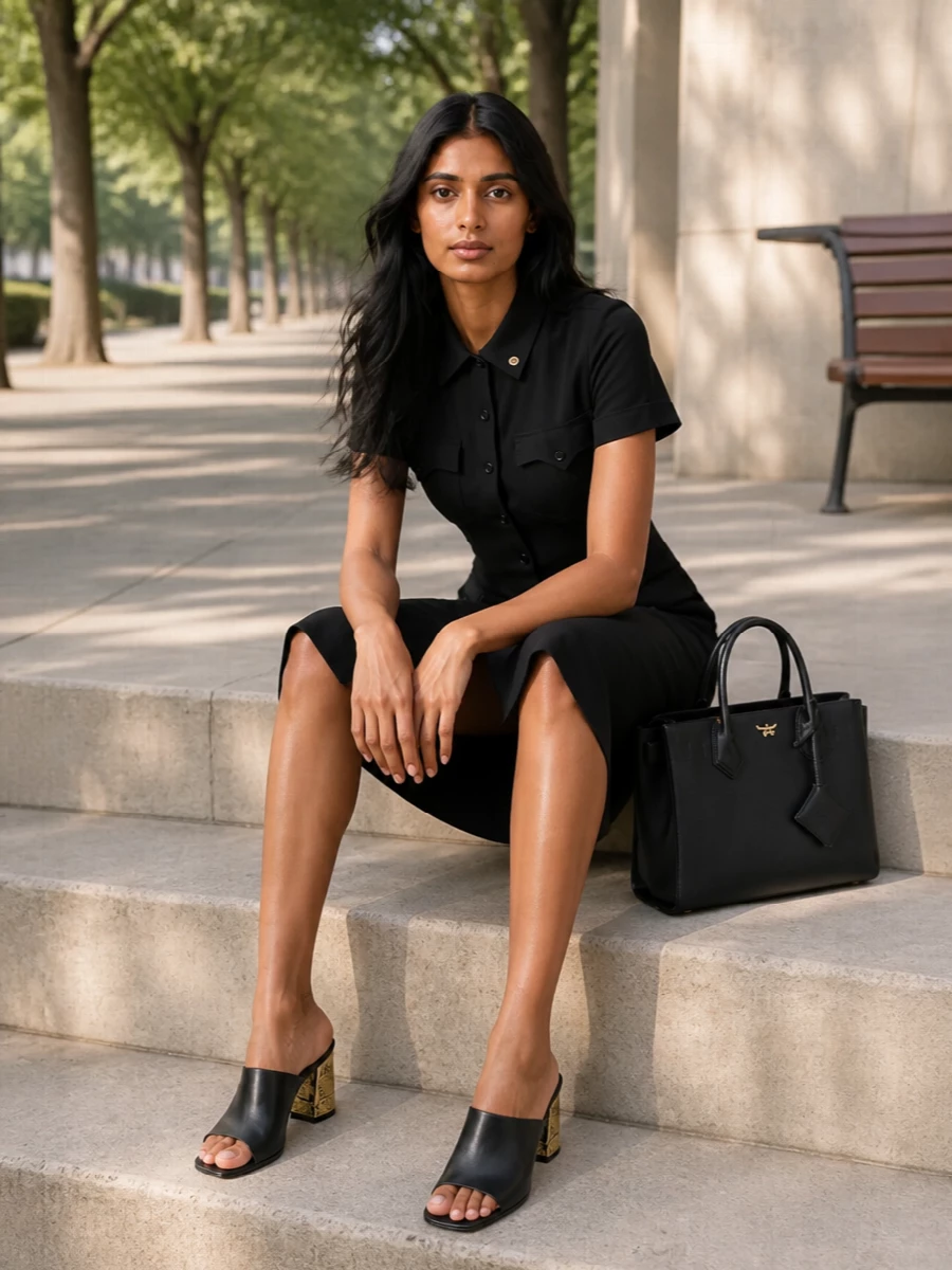 A black Versace shirt dress paired with the structured MCM tote and sculptural Givenchy mules creates a precise, monochrome column that reads powerful yet discreet. The shirt-dress tailoring and medium heel keep it appropriate for client meetings, gallery previews and late dinners with the same quiet authority. Choosing the dress path keeps the silhouette long and uninterrupted, which best complements the bag’s structured form and business-focused polish.