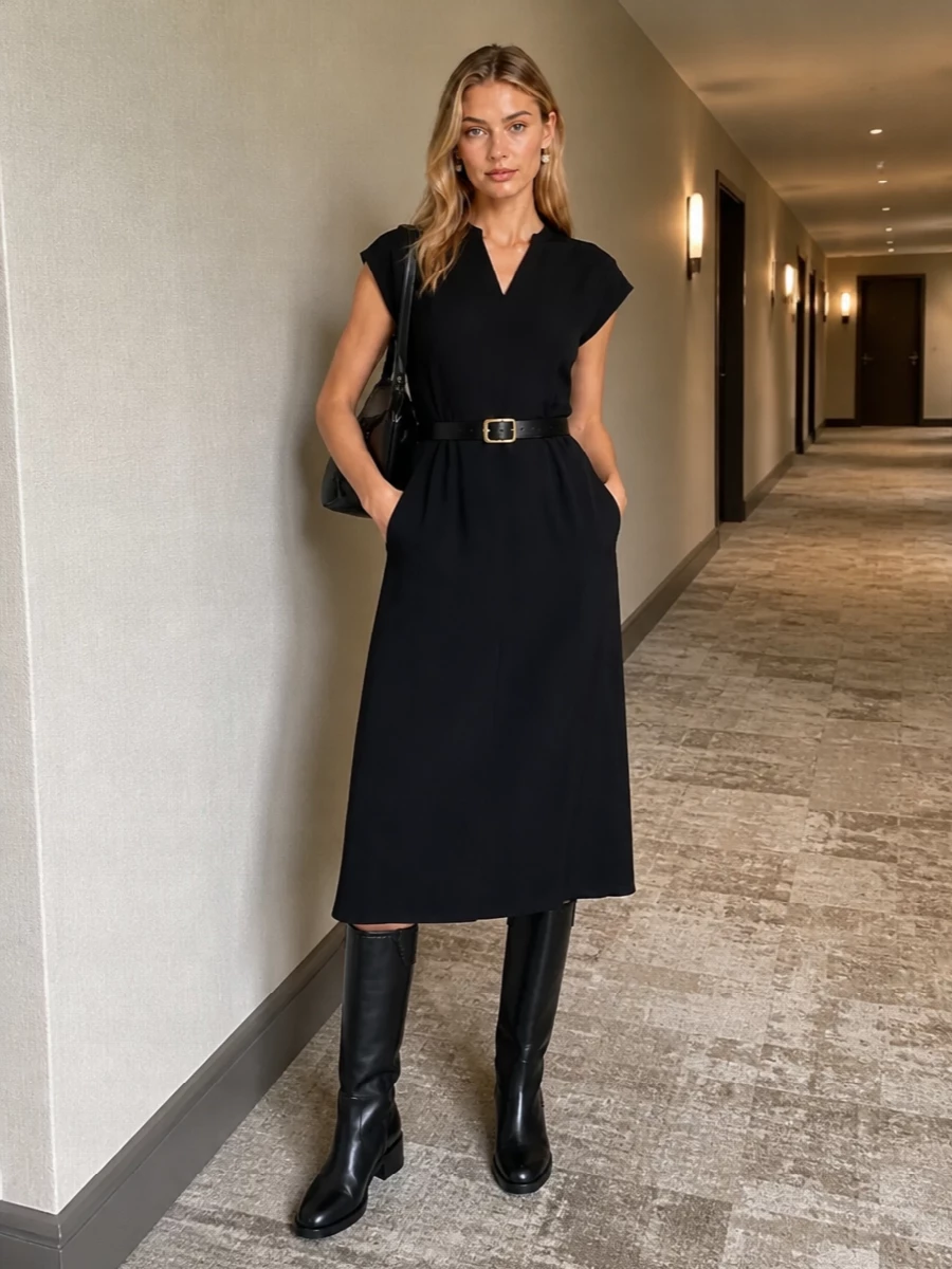 Herno black midi dress knee high boots outfit