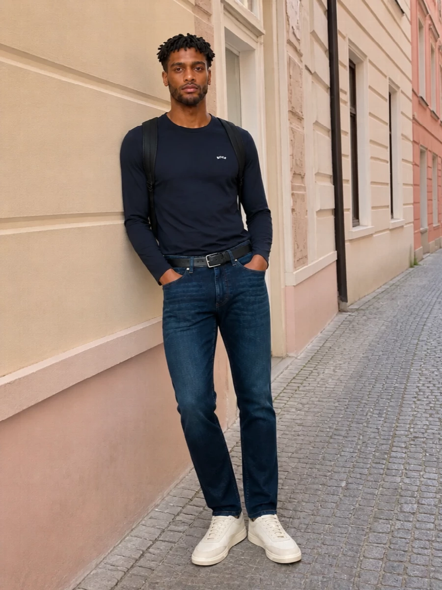 Boss navy long sleeve dark jeans cream sneakers