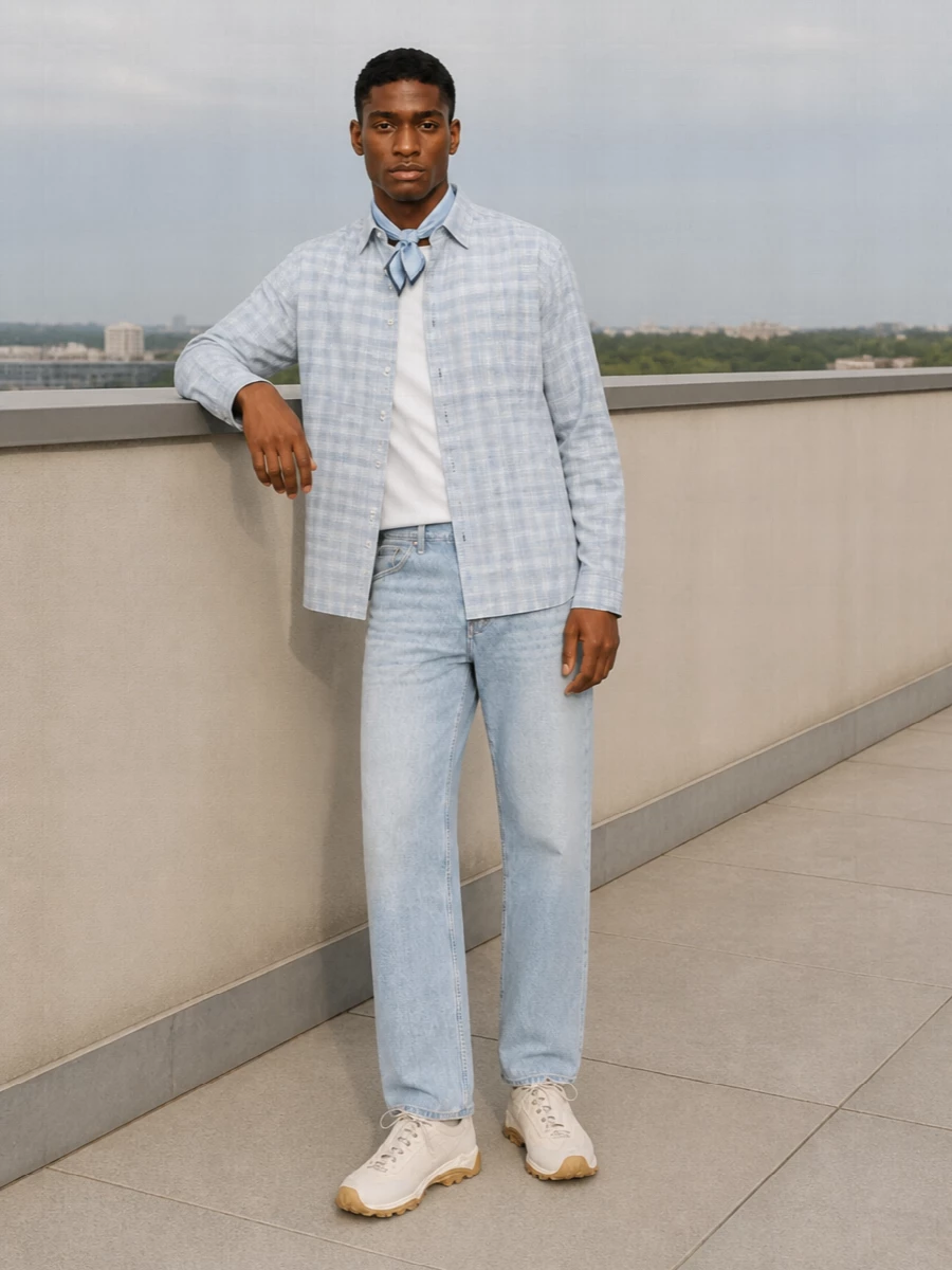 Soft checks over pale denim keep this firmly in that relaxed, bookish space, more café-and-seminar than boardroom. The trail-inspired sneakers and structured off-white tote ground it in clean, modern practicality, while the sky-blue scarf adds a small, thoughtful accent without tipping into fussiness.