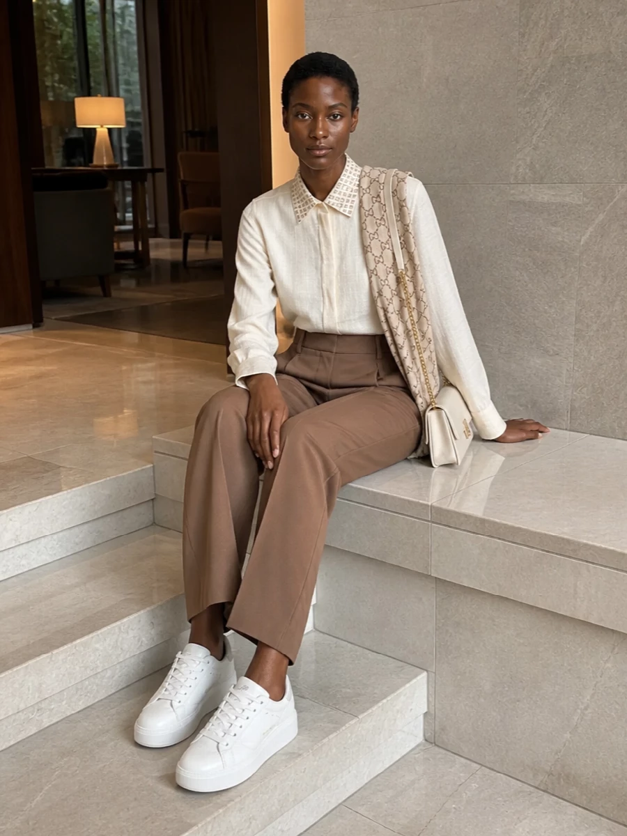Golden goose camel trousers ivory shirt outfit