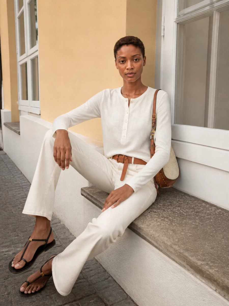 Isabel marant ivory henley ecru flared jeans outfit