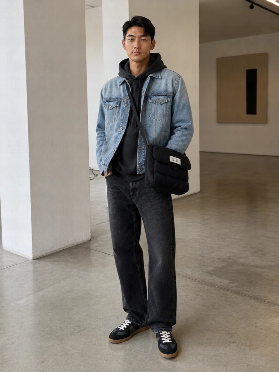 Mm6’s stonewash trucker sits over a washed charcoal hoodie and relaxed washed-black denim, keeping the palette cool and grounded. Charcoal Margiela sneakers and a padded crossbody bag tighten the city-streetwear story, all premium but quietly worn-in. The result feels like considered off-duty uniform, clean in line yet full of subtle texture shifts when you get close.