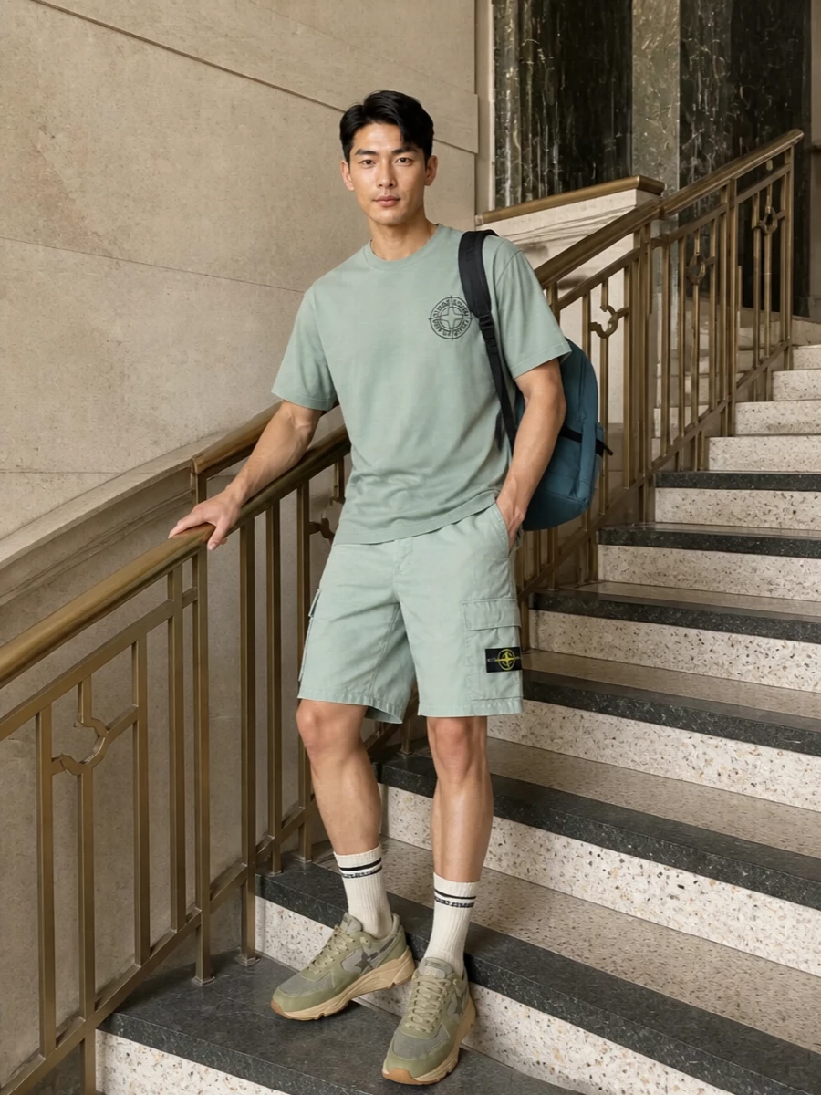 Washed sage on sage builds a calm, technical streetwear base, with the cargo shorts echoing the tee’s tone for a clean, monochrome feel. Sage-and-sand runners and striped socks keep everything relaxed yet intentional, while the slate backpack introduces a subtle cool contrast that still reads urban and understated.