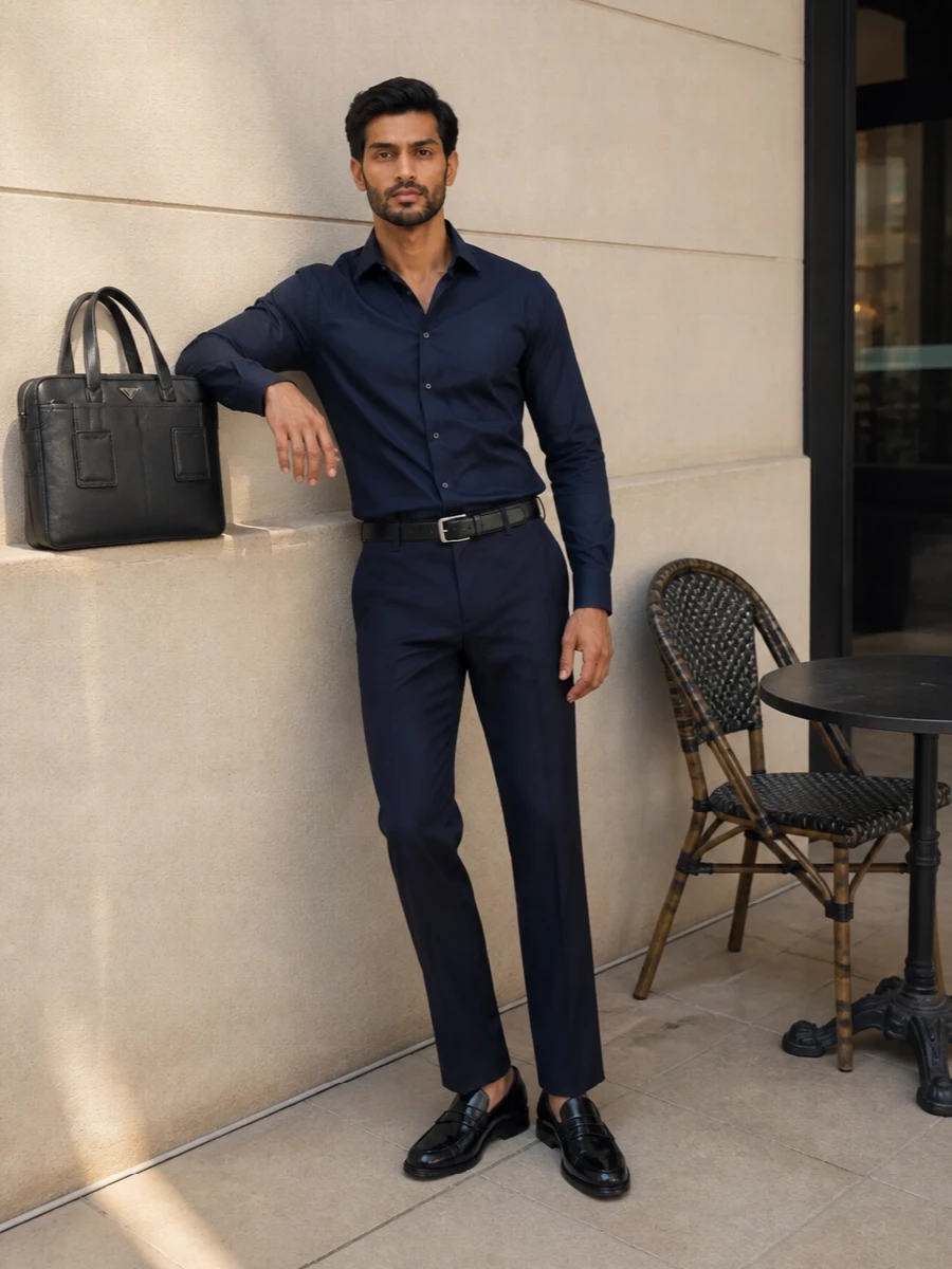 Dolce gabbana navy trousers black loafers outfit