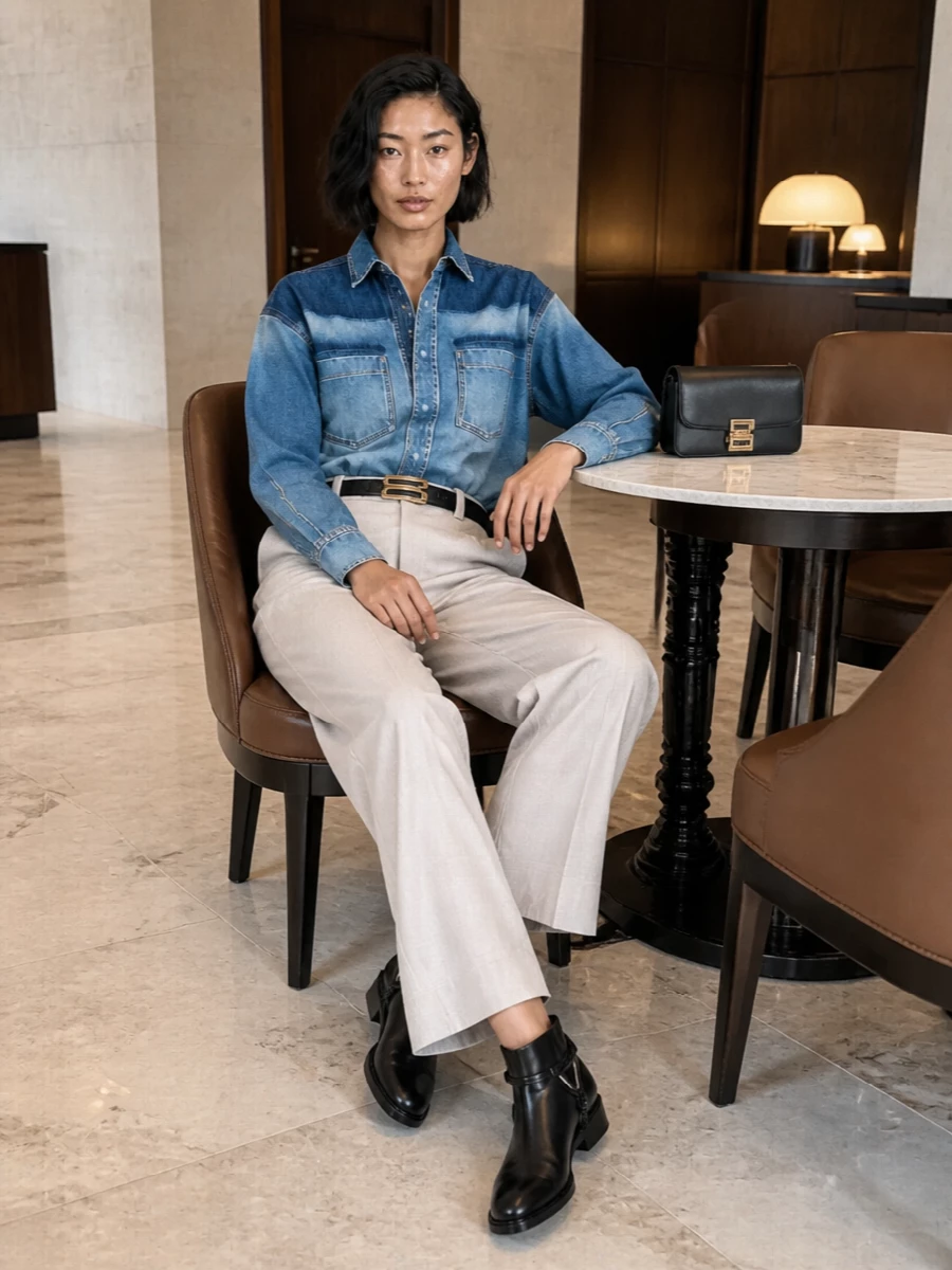 Victoria beckham denim shirt taupe wide leg trousers