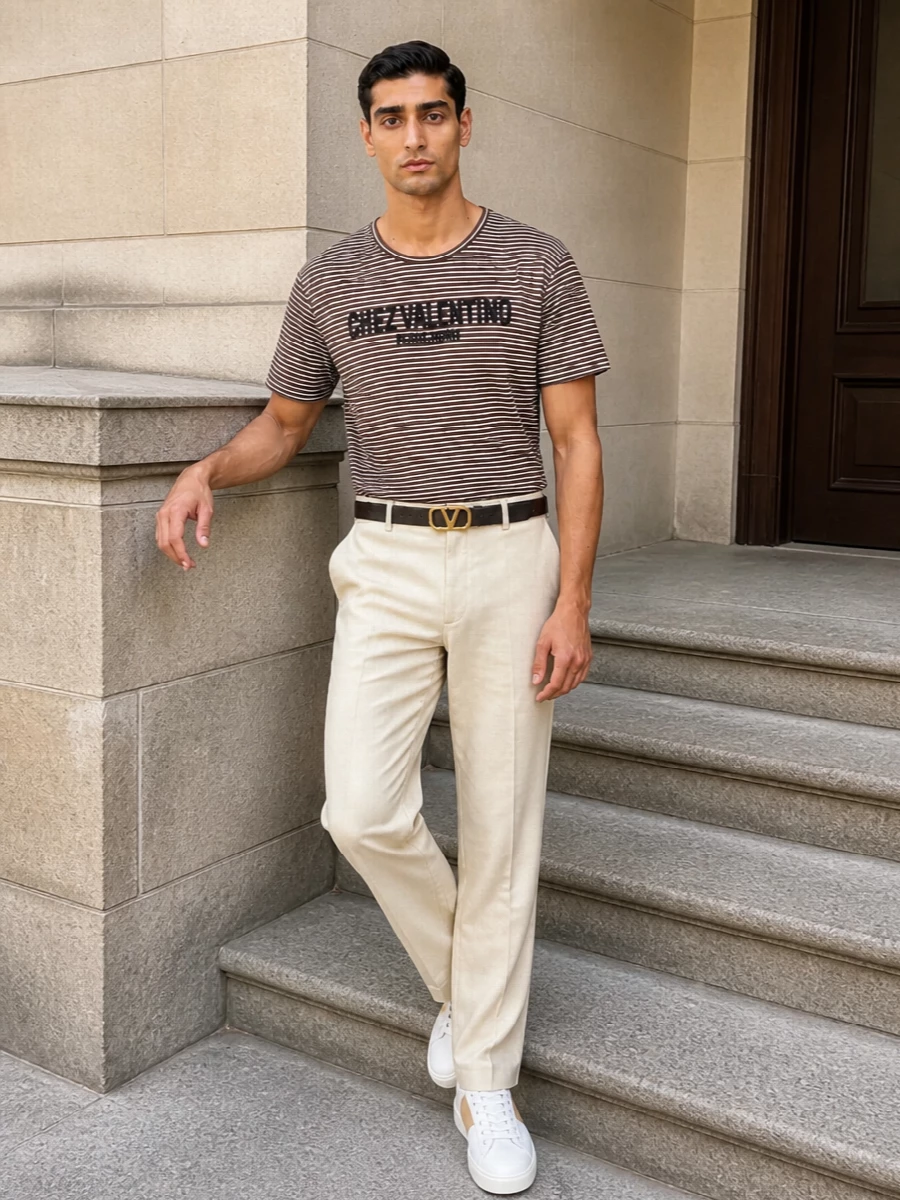 A chocolate striped tee meets light‑beige straight trousers for a clean, warm take on casual dressing. Soft‑white sneakers and a sharply structured tote keep the palette cohesive, so the whole outfit reads calm, precise and quietly confident. The slim belt simply sharpens the line without interrupting the ease.