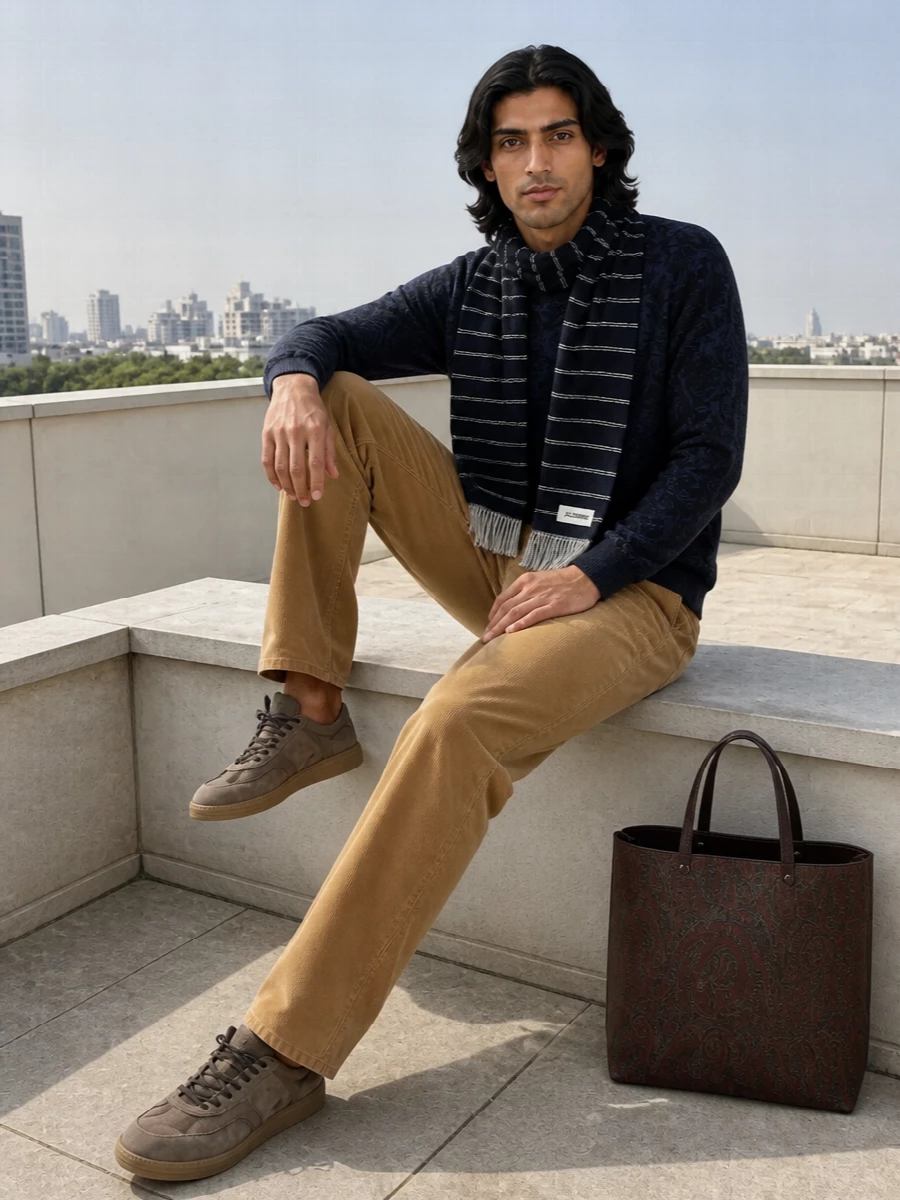 Etro paisley sweater camel corduroy trousers