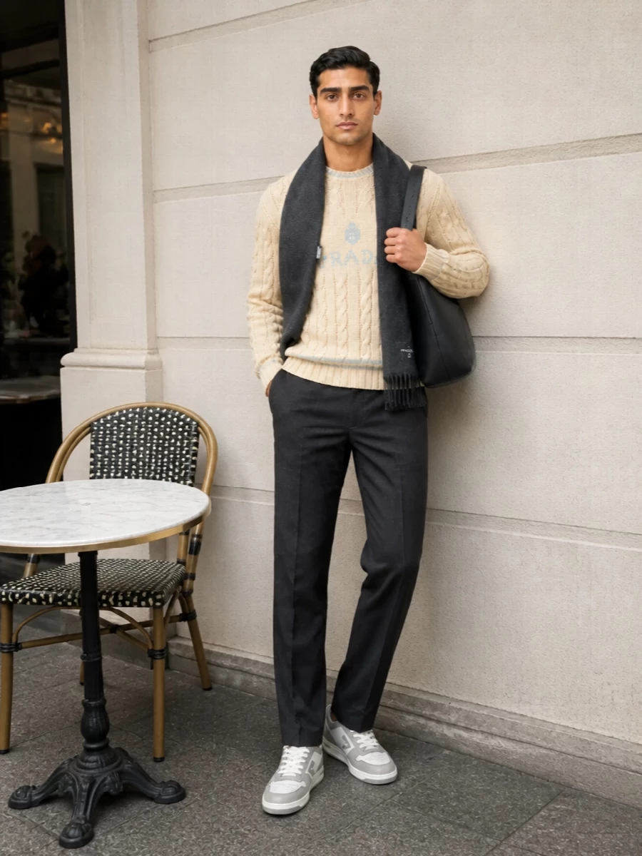 Prada cable knit charcoal trousers sneakers