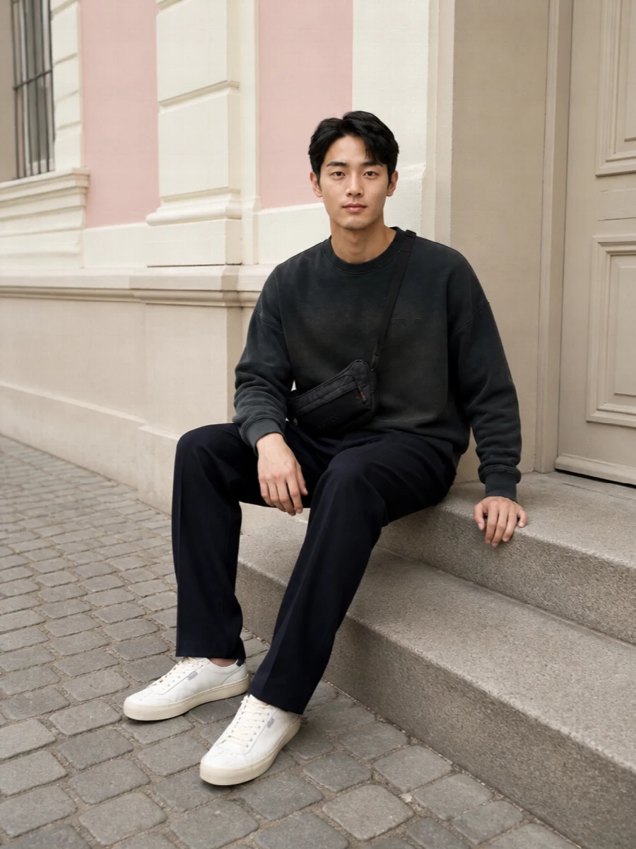 Golden goose sneakers navy trousers sweatshirt