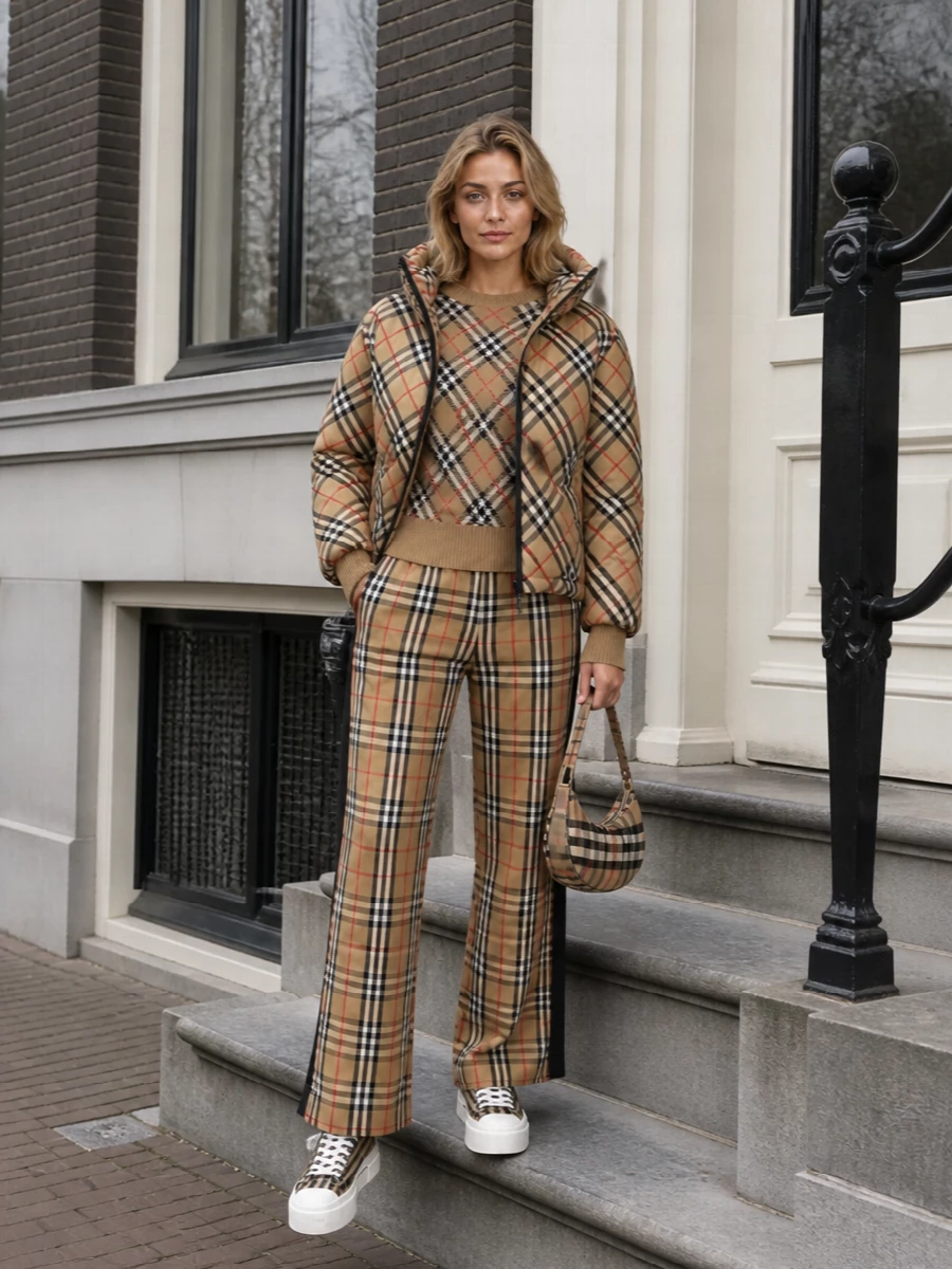 Burberry check puffer pants and sneakers outfit