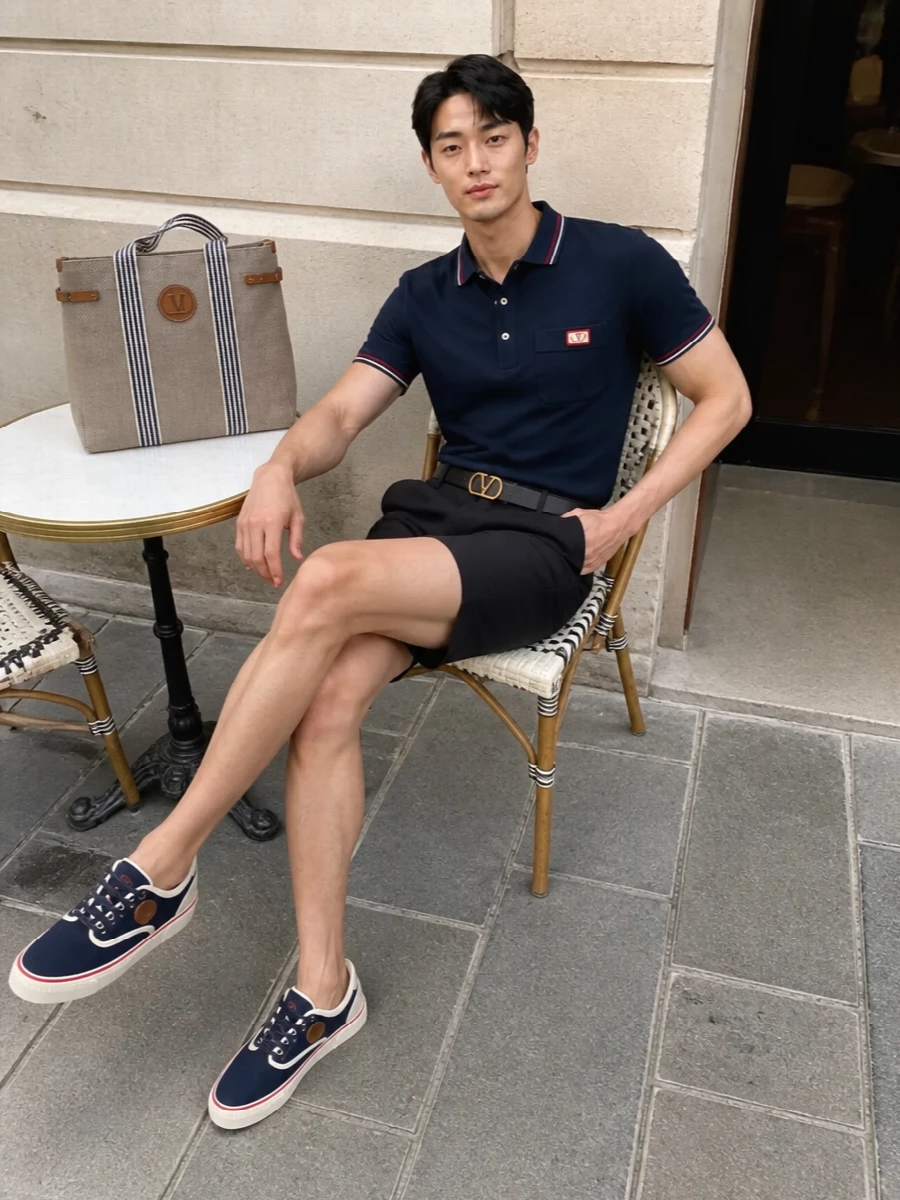 A navy tipped Valentino polo is paired with crisp, tailored navy shorts for a clean, collegiate take on quiet luxury that’s polished yet easy in the heat. Navy canvas sneakers with cream and red detailing echo the top’s trim, while a beige-and-navy canvas tote and a slim black-and-tan VLogo belt introduce soft neutrals and leather accents that keep the look elevated from city weekends to seaside terraces.