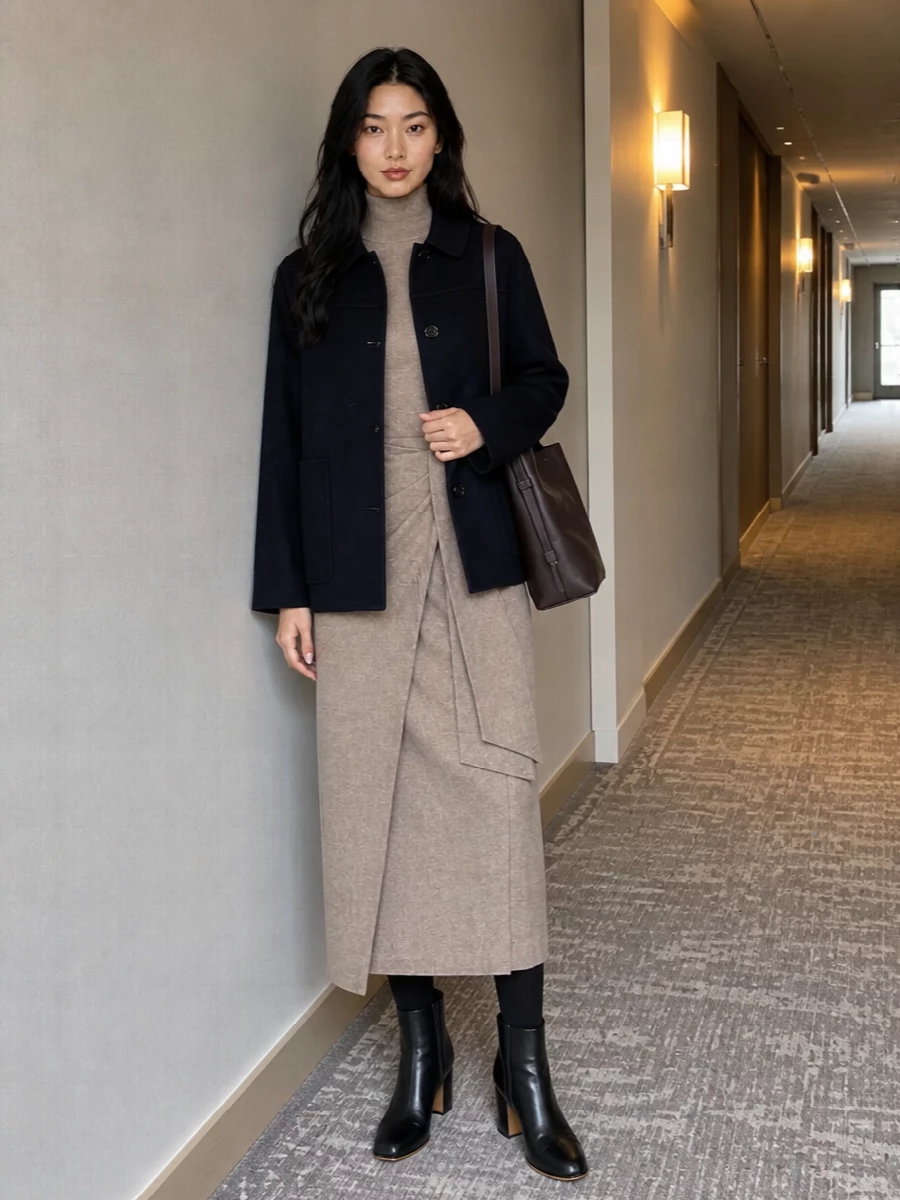 Max mara navy jacket taupe knit midi dress