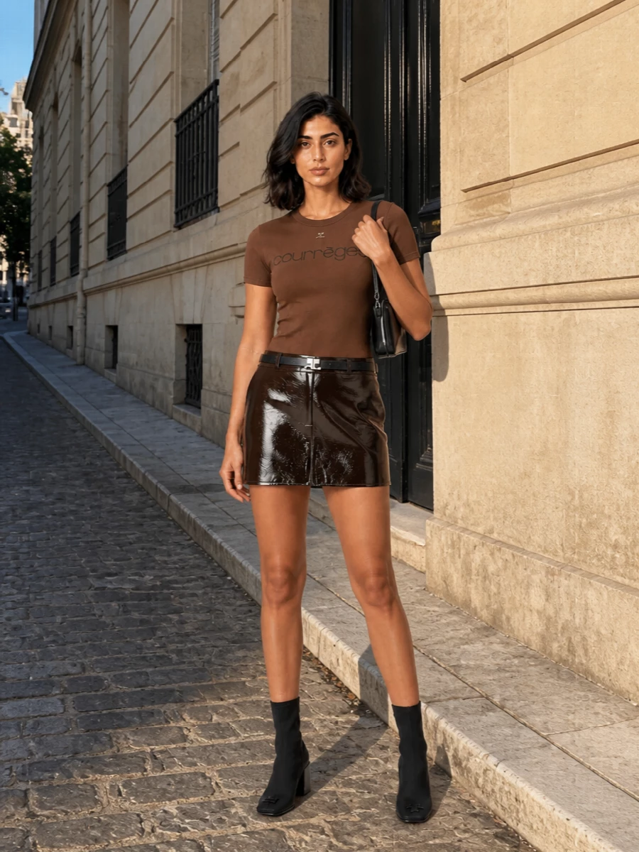 Courreges brown logo tee patent mini outfit