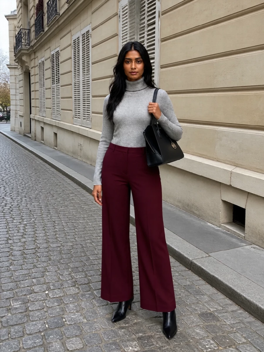 Deep burgundy wide-leg tailoring is grounded with a slim heather grey turtleneck for a clean, elongated line. Sleek black knee-high boots sharpen the proportions, while the structured black tote keeps the mood quietly executive. The palette stays restrained and refined, letting the cut and movement of the trousers lead.