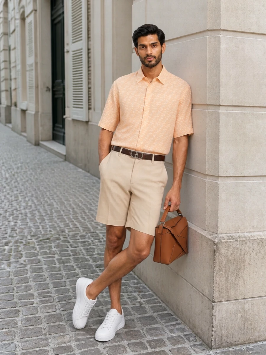 This look is a refined SS take on quiet luxury: the sun-washed peach FF shirt is grounded by clean, high-rise beige tailored shorts for an easy, resort-leaning silhouette. Streamlined white sneakers keep the mood fresh and contemporary, while the tan structured bag and discreet brown belt add just enough architectural polish to move effortlessly from city terrace to coastal evening drinks.