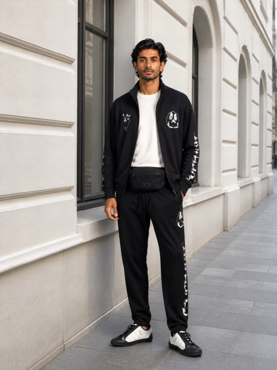Y3 monochrome track suit graphic sneakers
