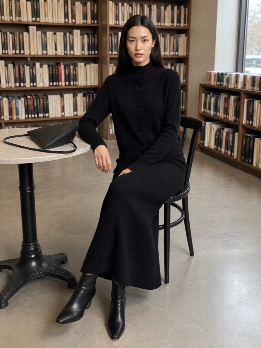 Lisa yang black knit dress ankle boots outfit
