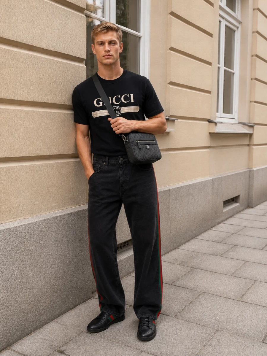 A black Gucci logo tee meets washed black striped denim for a tight, street-driven monochrome base. Matte black web-detailed sneakers keep the line clean from the ground up, while a charcoal monogram crossbody adds just enough house code without stealing focus from the chest print. It is a confident city uniform that reads casual but deliberately put together.