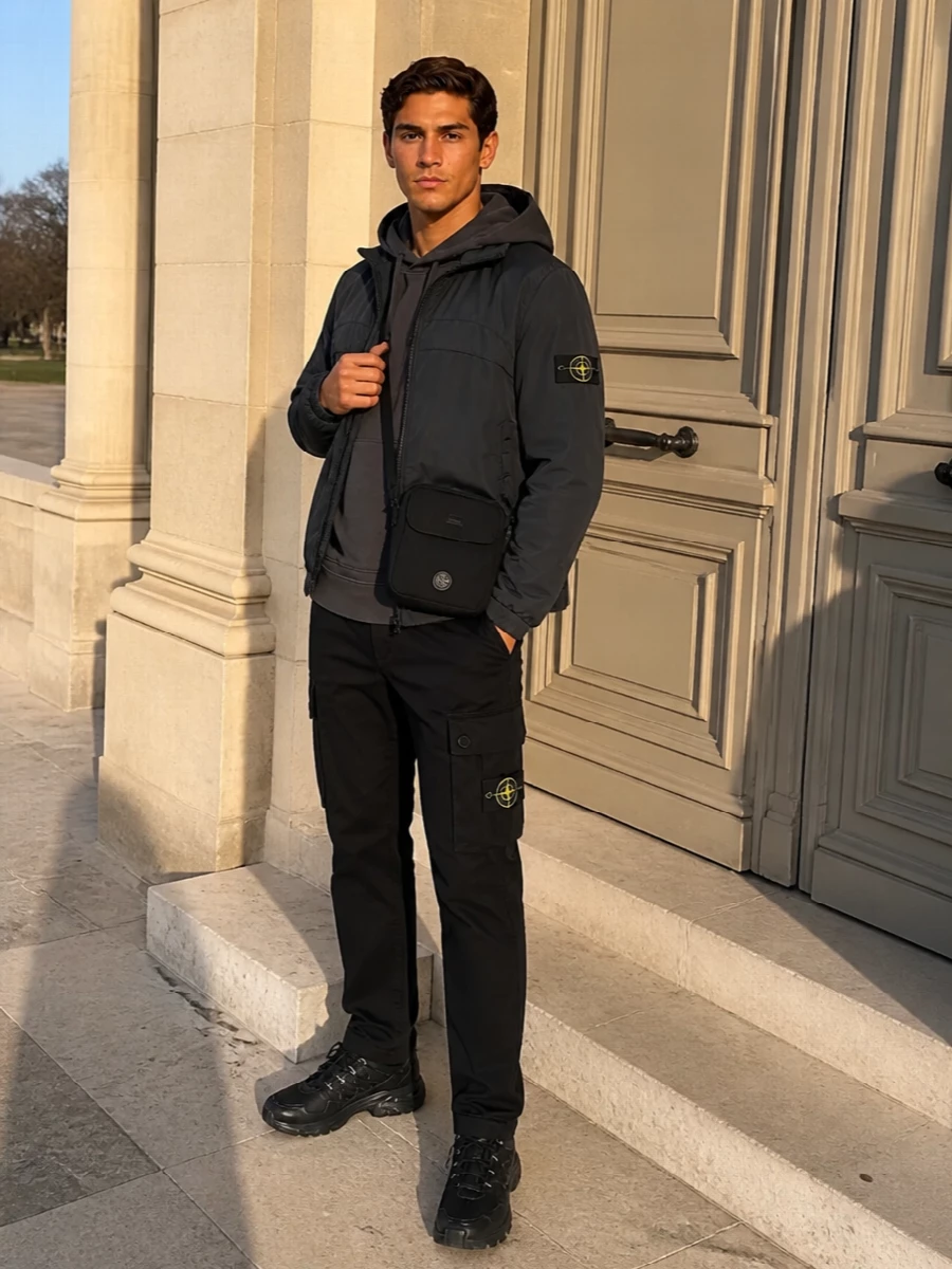 A tight, monochrome Stone Island and Salomon mix that leans into technical streetwear without feeling overbuilt. The short hooded shell, charcoal hoodie and black cargos create a clean column, grounded by all-black trail runners and a flat crossbody for a precise, city-first take on utility dressing.