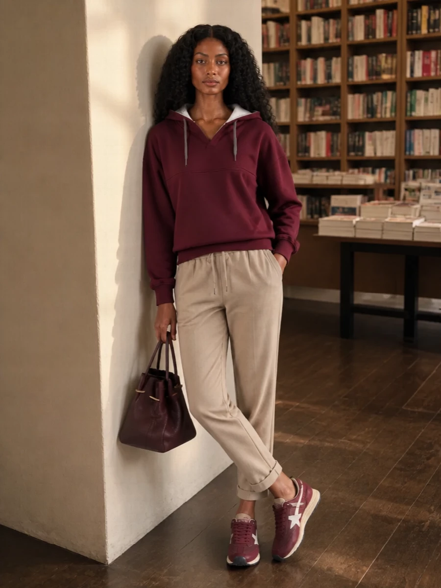 Deep burgundy and soft sand anchor this city-ready pairing, with the Margiela hoodie and Cucinelli track pants sitting in that sweet spot between loungewear and tailoring. The sneakers speak directly to the hoodie’s tone, while the slim tapered leg keeps proportions neat rather than sloppy. A sculptural burgundy top-handle bag finishes the palette with quiet polish, so the whole outfit feels intentional and modern without shouting logos.