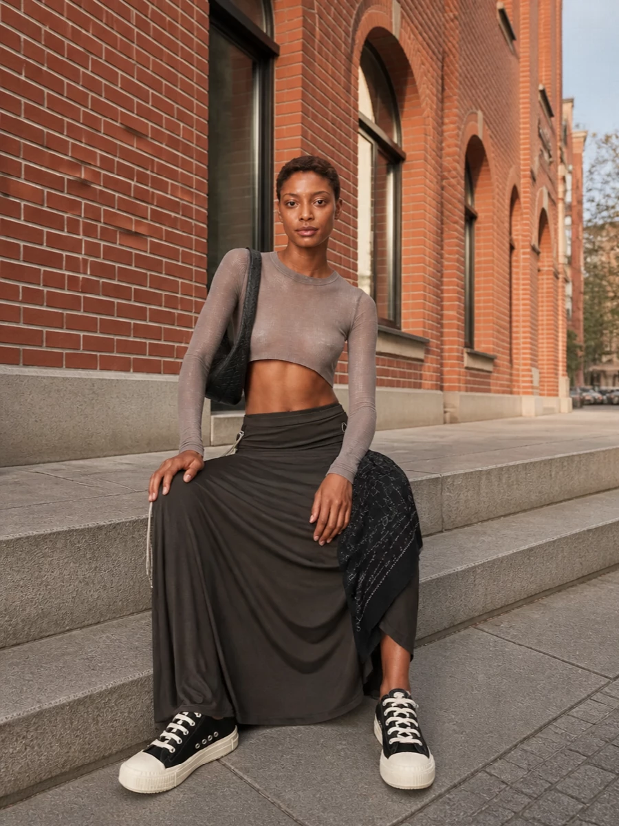 A metallic taupe second-skin top meets a dark taupe ruched maxi, reading as one elongated column with just enough asymmetry to feel sharp rather than soft. Graphic black sneakers cut through the drape with a street-driven edge, while a sculptural black shoulder bag and slim printed scarf keep the palette tight and the mood intellectual and nocturnal. It is a quietly severe, body-conscious Rick uniform for nights that spill past midnight.