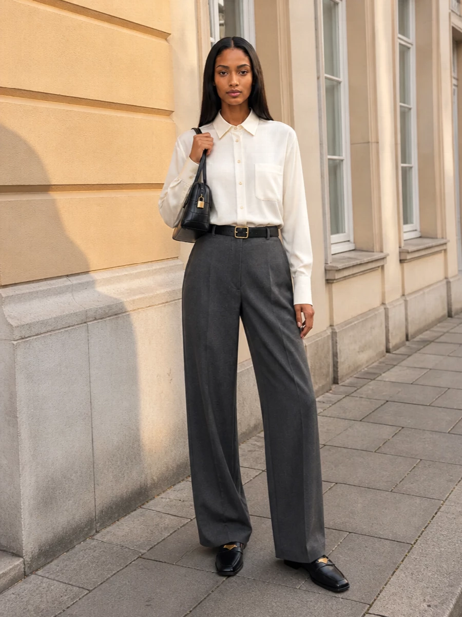 Charcoal wide-leg tailoring meets a fluid ivory shirt for a clean, elongated line that feels boardroom ready yet easy to wear all day. A slim black belt and structured croc-textured top‑handle sharpen the waist and add depth, while square-toe loafers keep the finish grounded and quietly polished. The palette stays inky and neutral so the focus is on proportion and cut rather than overt statement.