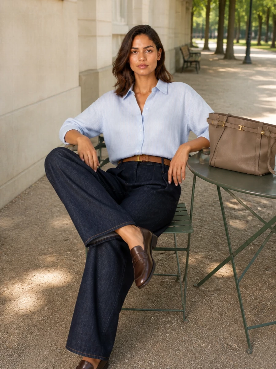 Dries’ inky pleated denim grounds the outfit with sculpted ease, while the pale blue striped shirt brings airy volume and a quietly precise attitude. A tan belt and taupe trapeze bag introduce soft, polished neutrals that play against the blues without distracting from the clean, architectural silhouette. The result is relaxed tailoring you can wear from studio mornings to understated dinners with nothing more than a cuff roll and a change of lipstick.