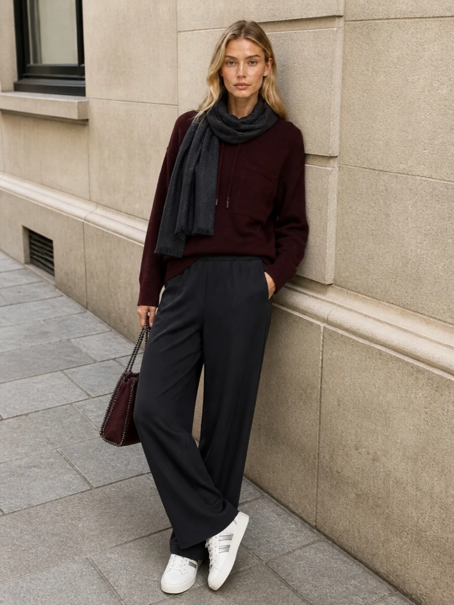 Burgundy knit outfit wide leg trousers sneakers