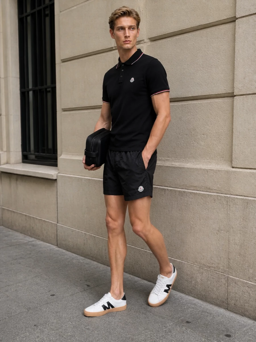 Moncler polo swim shorts outfit men