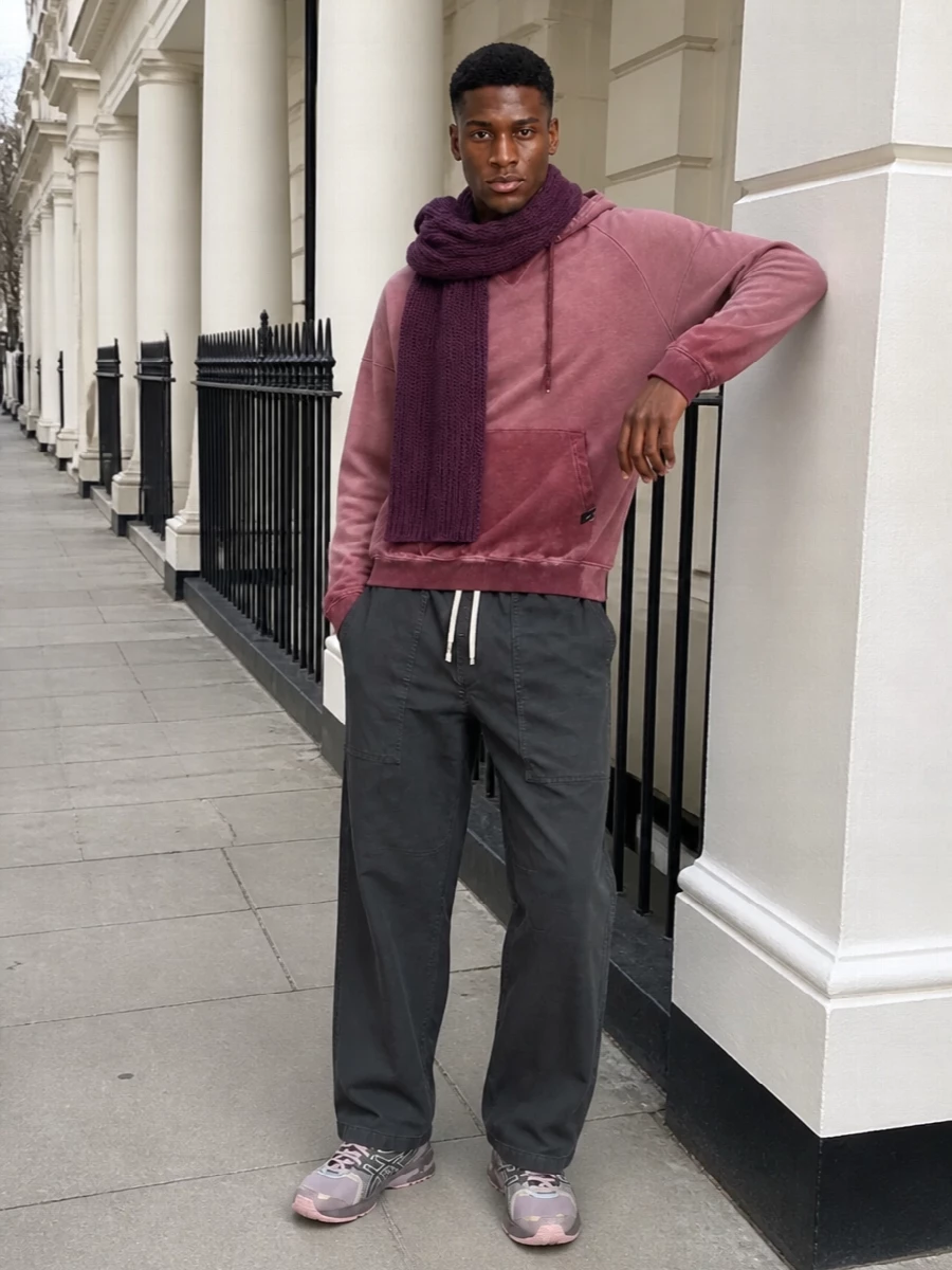 A washed mauve ombré hoodie meets loose charcoal utility trousers for a relaxed, skate-influenced base that feels soft in color but confident in attitude. Dusty pink and charcoal runners echo the top and bottom, keeping everything cohesive and practical for real city miles. A bold black Palm Angels tote and rich plum scarf finish it with graphic branding and plush texture while staying firmly in the off-duty streetwear lane.