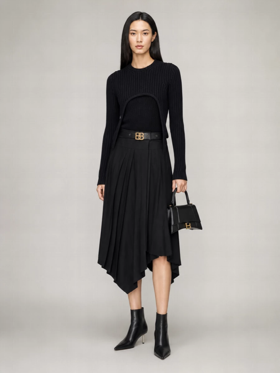 Off-White Asymmetric Pleated Belted Midi Skirt